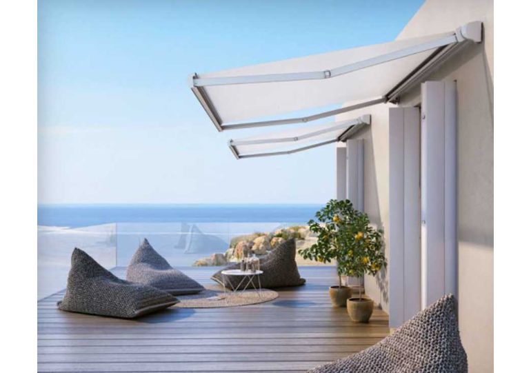 Retractable folding arm awning extended over Melbourne home alfresco area — Lifestyle Awnings