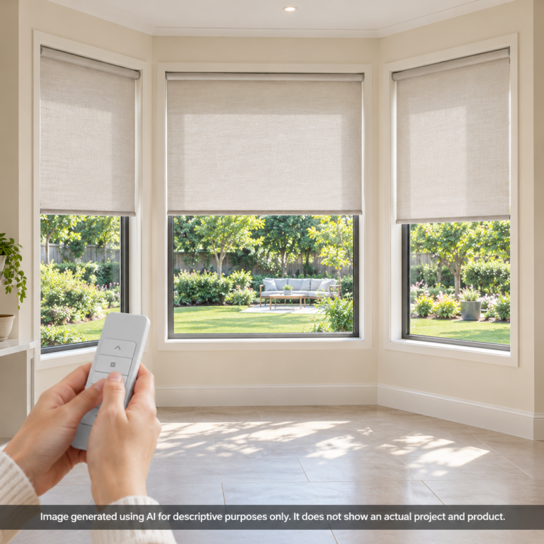 Motorised blinds in a modern home with a garden view and remote control.