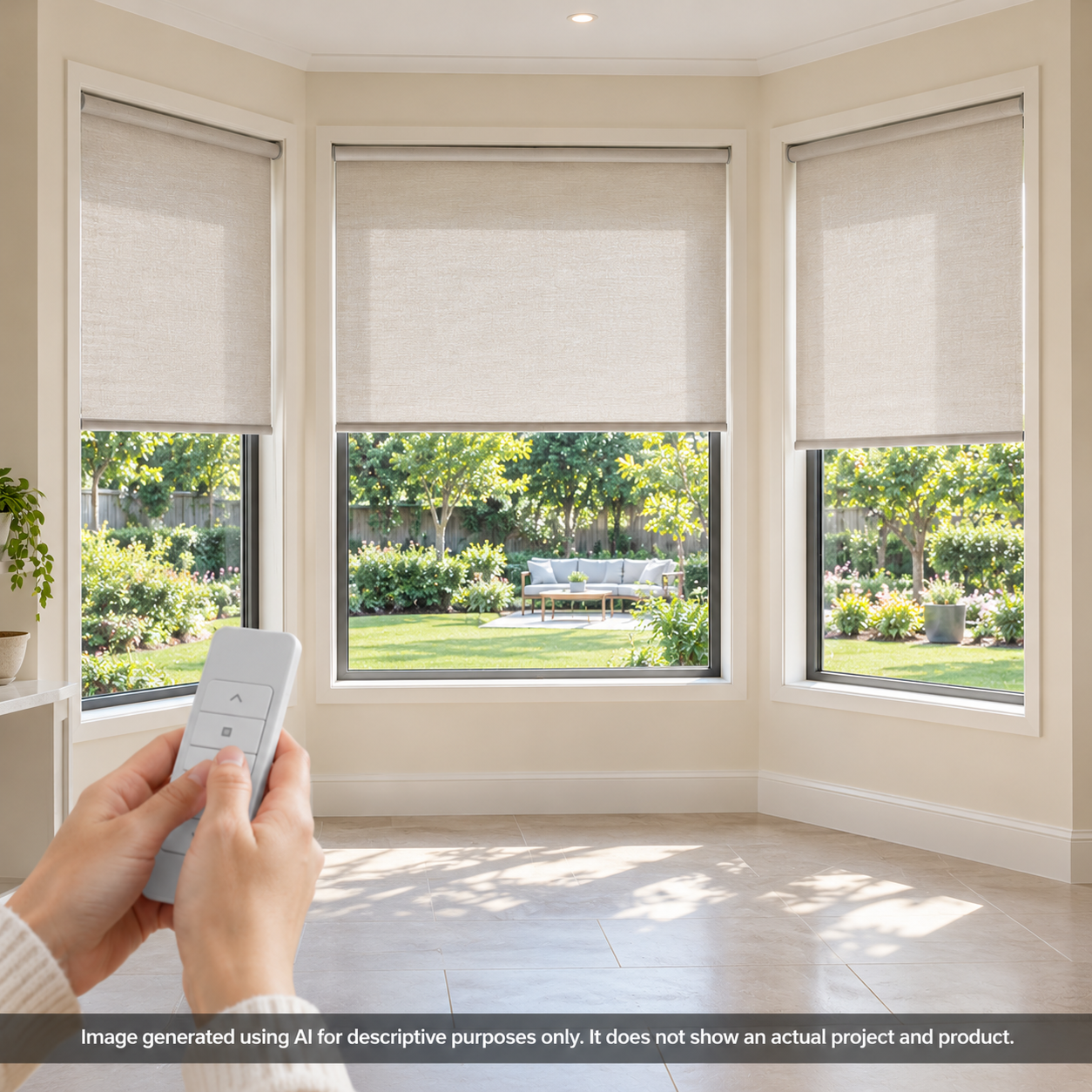 Motorised blinds in a modern home with a garden view and remote control.